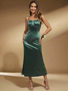 SHEIN Belle Ruched Bust Satin Cami Dress Formal Dresses For Women, Semi Formal Dress - Dark Green - View 7