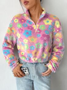 SHEIN EZwear In hoa Một nửa khóa kéo Thả vai Teddy Áo nỉ - Nhiều màu - Xem 4