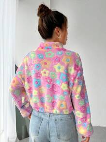 SHEIN EZwear In hoa Một nửa khóa kéo Thả vai Teddy Áo nỉ - Nhiều màu - Xem 2