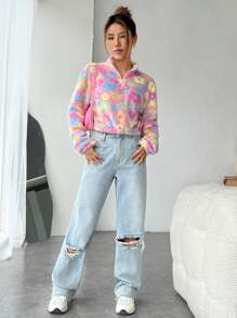 SHEIN EZwear In hoa Một nửa khóa kéo Thả vai Teddy Áo nỉ - Nhiều màu - Xem 5