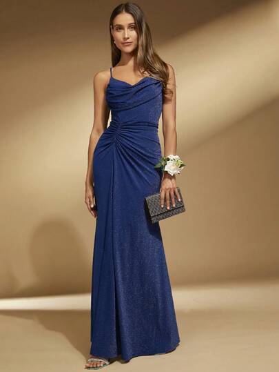 SHEIN Belle 前收褶金屬亮絲吊帶連衣裙