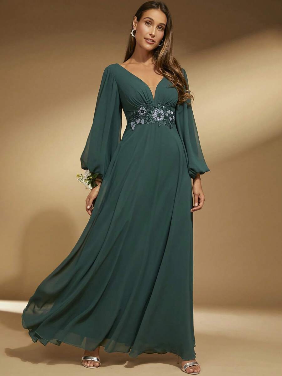 SHEIN Belle Floral Embroidery Lantern Sleeve Bridesmaid Dress - Dark Green - View 1