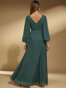 SHEIN Belle Floral Embroidery Lantern Sleeve Bridesmaid Dress - Dark Green - View 2