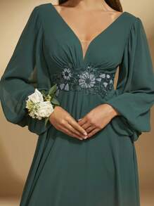 SHEIN Belle Floral Embroidery Lantern Sleeve Bridesmaid Dress - Dark Green - View 3