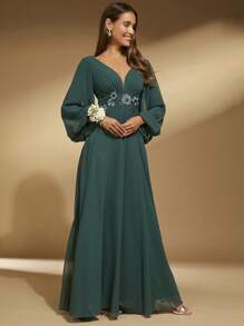 SHEIN Belle Floral Embroidery Lantern Sleeve Bridesmaid Dress - Dark Green - View 4