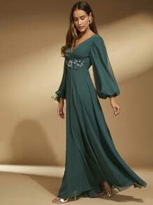 SHEIN Belle Floral Embroidery Lantern Sleeve Bridesmaid Dress - Dark Green - View 5