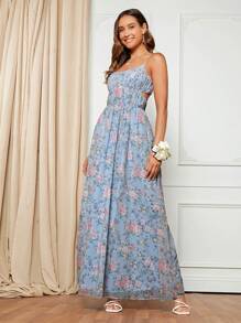 SHEIN Belle 波西米亞挖空 拉鍊 胸部褶皺花卉印花 全身印花女士連衣裙 - 藍色 - 查看 3