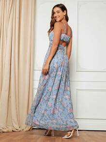 SHEIN Belle 波西米亞挖空 拉鍊 胸部褶皺花卉印花 全身印花女士連衣裙 - 藍色 - 查看 2