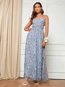 SHEIN Belle 波西米亞挖空 拉鍊 胸部褶皺花卉印花 全身印花女士連衣裙 - 藍色 - 查看 5
