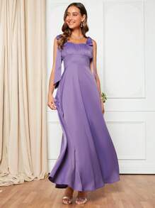 SHEIN Belle Chất rắn Cà vạt vai Váy Phù dâu Dây - Màu Lilac Tím - Xem 4