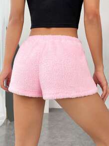 SHEIN EZwear Drawstring Waist Teddy Shorts - Baby Pink - View 2