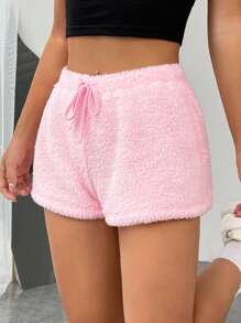 SHEIN EZwear Drawstring Waist Teddy Shorts - Baby Pink - View 4