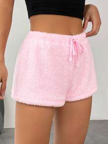 SHEIN EZwear Drawstring Waist Teddy Shorts - Baby Pink - View 5