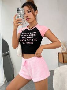 SHEIN EZwear Drawstring Waist Teddy Shorts - Baby Pink - View 7