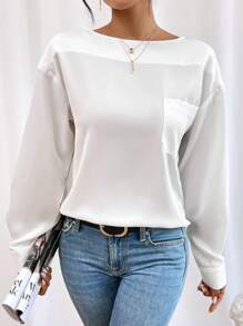 SHEIN Essnce Chất rắn Thả vai Vá Túi Áo sơ mi - trắng - Xem 1