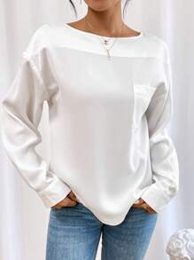 SHEIN Essnce Chất rắn Thả vai Vá Túi Áo sơ mi - trắng - Xem 3