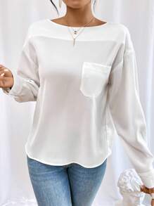 SHEIN Essnce Chất rắn Thả vai Vá Túi Áo sơ mi - trắng - Xem 4