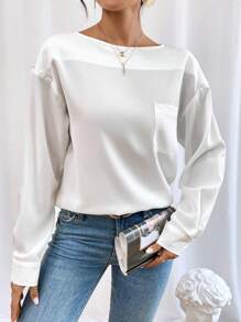 SHEIN Essnce Chất rắn Thả vai Vá Túi Áo sơ mi - trắng - Xem 5