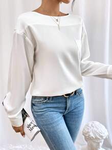 SHEIN Essnce Chất rắn Thả vai Vá Túi Áo sơ mi - trắng - Xem 6