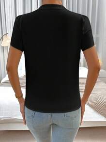 EMERY ROSE Spring Break Solid Notched Neckline Petal Sleeve Work Women White Shirt Blouse,Short Sleeve Tops - Black - View 2