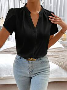 EMERY ROSE Spring Break Solid Notched Neckline Petal Sleeve Work Women White Shirt Blouse,Short Sleeve Tops - Black - View 3