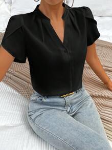 EMERY ROSE Spring Break Solid Notched Neckline Petal Sleeve Work Women White Shirt Blouse,Short Sleeve Tops - Black - View 5