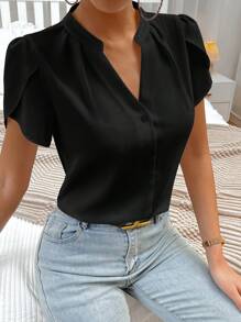 EMERY ROSE Spring Break Solid Notched Neckline Petal Sleeve Work Women White Shirt Blouse,Short Sleeve Tops - Black - View 6