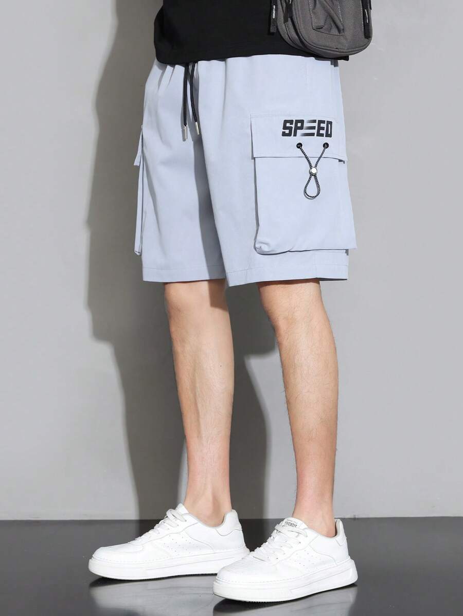 Claim Dot 男士字母圖案翻蓋口袋腰部抽繩工裝短褲 - 灰色 - 查看 1