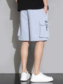 Claim Dot 男士字母圖案翻蓋口袋腰部抽繩工裝短褲 - 灰色 - 查看 2