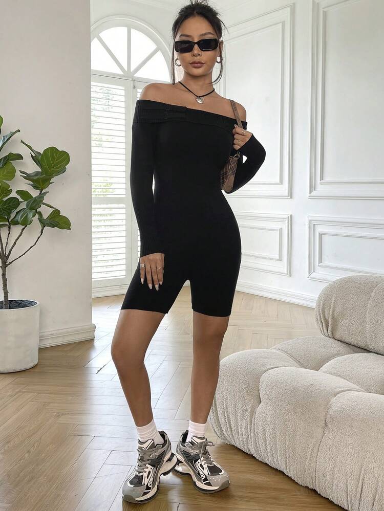 Off Shoulder Buckle Detail Unitard Romper
