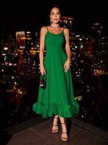 SHEIN Unity Vestido de tirantes bajo con fruncido - Verde Oliva - Ver 4