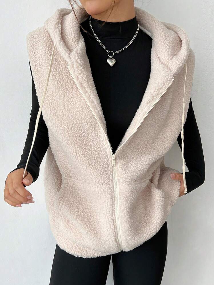 SHEIN EZwear Cazadora chaleco con cremallera con cordón con capucha teddy - Beis - Ver 1