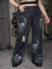 ROMWE Grunge Punk Plus Skull Print Ripped Wide Leg Jeans - Dark Grey - View 3