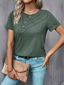 SHEIN LUNE Camiseta casual con detalle de presión y pliegue sólido - Verde - Ver 3