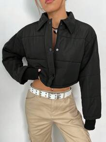 SHEIN EZwear Drop Shoulder Crop Padded Coat - Black - View 2