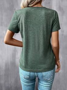 SHEIN LUNE Camiseta casual con detalle de presión y pliegue sólido - Verde - Ver 2