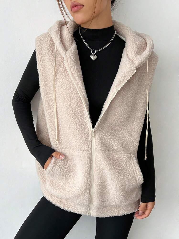 SHEIN EZwear Cazadora chaleco con cremallera con cordón con capucha teddy - Beis - Ver 5