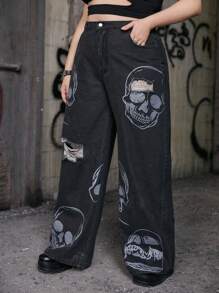 ROMWE Grunge Punk Plus Skull Print Ripped Wide Leg Jeans - Dark Grey - View 4