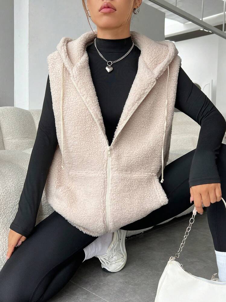 SHEIN EZwear Cazadora chaleco con cremallera con cordón con capucha teddy - Beis - Ver 6