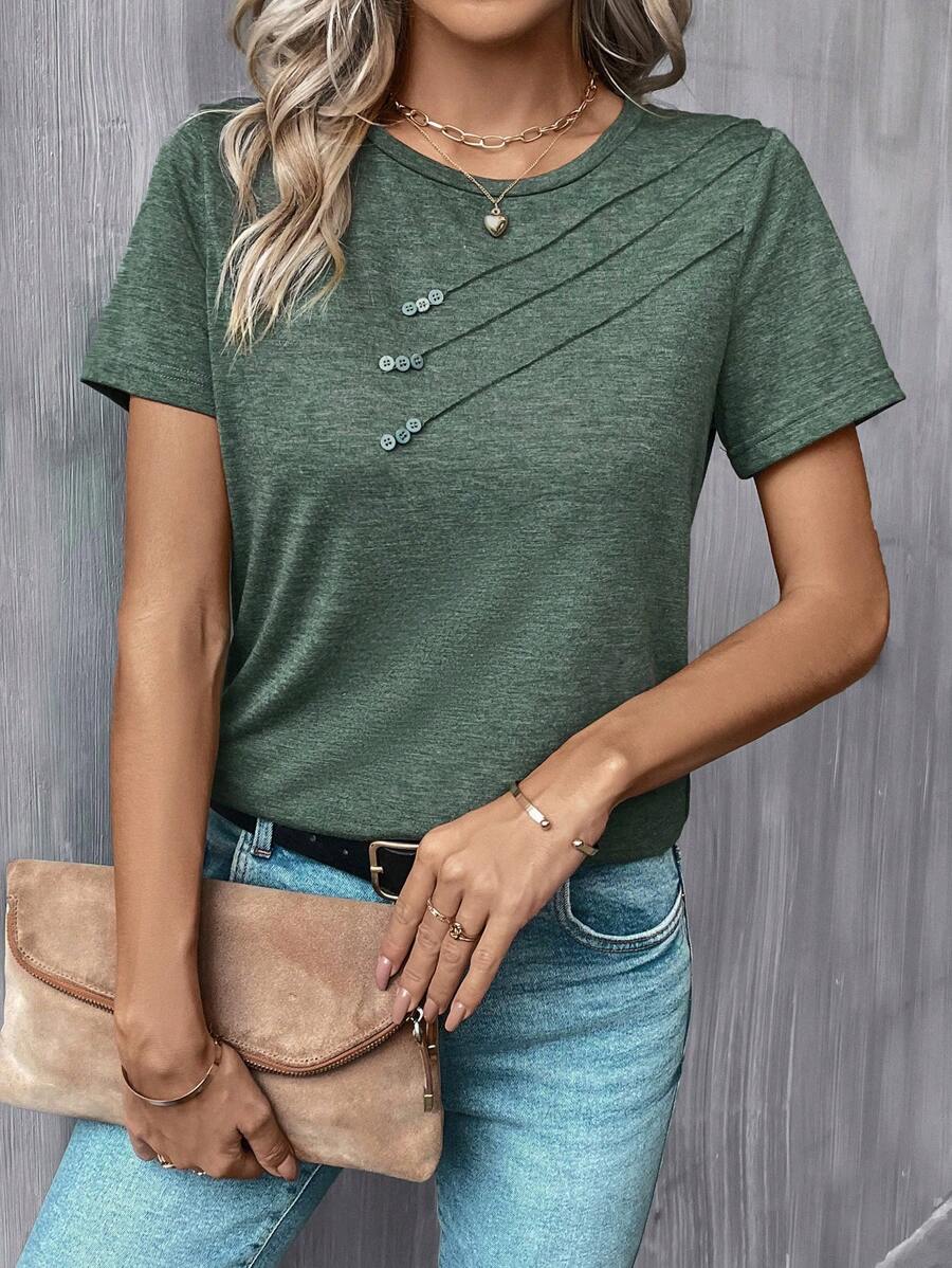 SHEIN LUNE Camiseta casual con detalle de presión y pliegue sólido - Verde - Ver 1