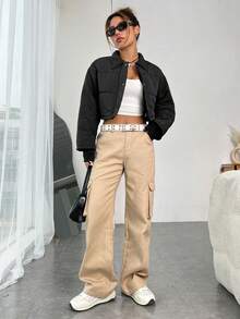 SHEIN EZwear Drop Shoulder Crop Padded Coat - Black - View 4