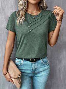 SHEIN LUNE Camiseta casual con detalle de presión y pliegue sólido - Verde - Ver 4
