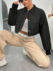 SHEIN EZwear Drop Shoulder Crop Padded Coat - Black - View 1