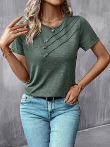 SHEIN LUNE Camiseta casual con detalle de presión y pliegue sólido - Verde - Ver 6