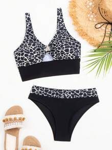 SHEIN Swim Ring Linked Tankini Set, For Summer Beach Vacation - Multicolor - View 3