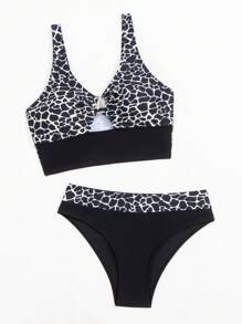 SHEIN Swim Ring Linked Tankini Set, For Summer Beach Vacation - Multicolor - View 5