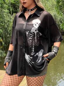 ROMWE PUNK Plus Skeleton Print Drop Shoulder Mesh Shirt Without Tube Top, School For Summer - Black - View 1