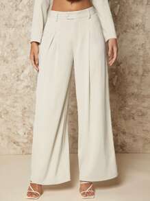 SHEIN BAE 素色闊腿褲 - 杏色 - 查看 1