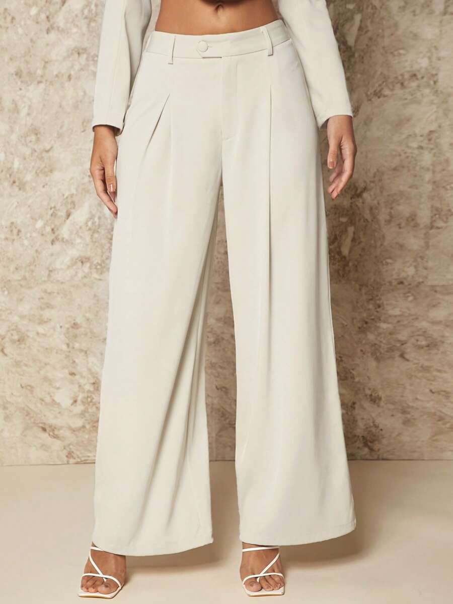 SHEIN BAE 素色闊腿褲 - 杏色 - 查看 1