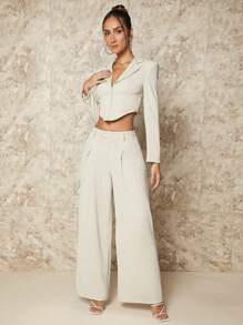 SHEIN BAE 素色闊腿褲 - 杏色 - 查看 6